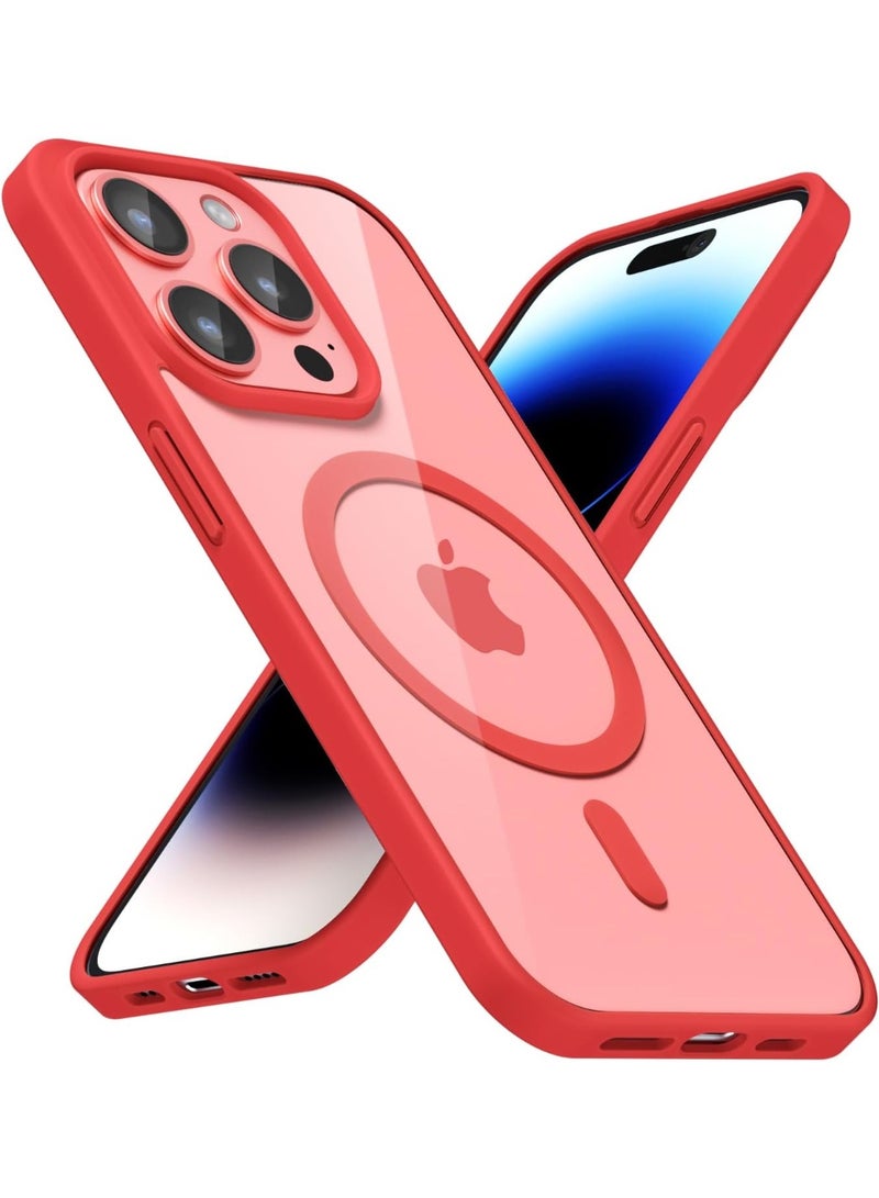 جراب مغناطيسي شفاف لهاتف آيفون 14 برو ماكس [مقاوم للصدمات ونحيف] غطاء خلفي صلب شفاف مع حماية عالية الجودة | أحمر